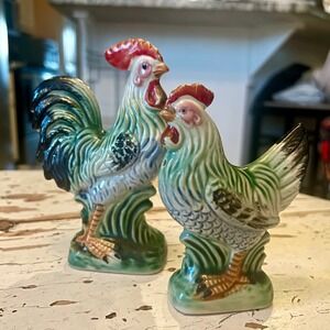 Vintage Ceramic Rooster and Hen Salt & Pepper Shaker Set Farmhouse